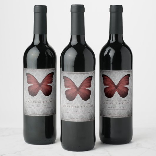 Rode  vlinder Damask bruiloft Wijn Etiket (Flessen)