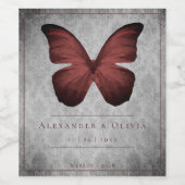 Rode  vlinder Damask bruiloft Wijn Etiket (Enkel label)