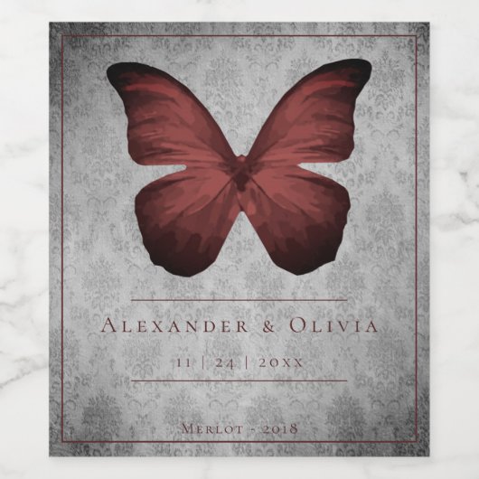 Rode  vlinder Damask bruiloft Wijn Etiket (Enkel label)