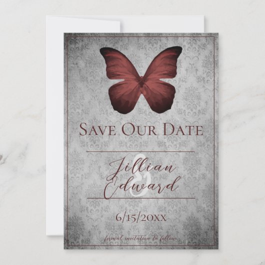 Rode  Vlinder Damask Save the Date Aankondiging (Voorkant)