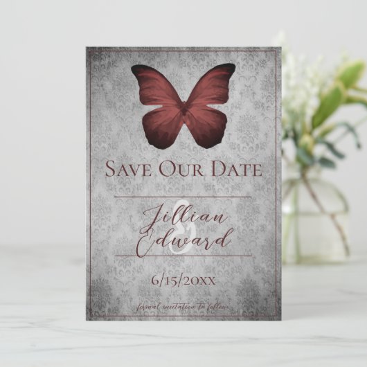 Rode  Vlinder Damask Save the Date Aankondiging (Staand voorkant)