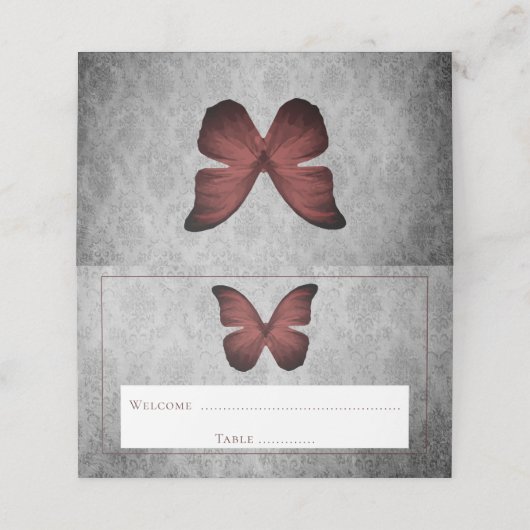 Rode  vlinder damast receptie plaatskaartje (Buitenkant ongevouwen)