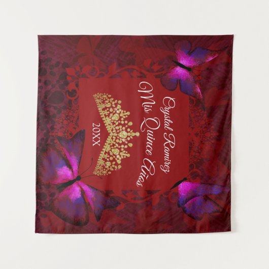 Rode Vlinder, Gouden Tiara Quinceanera Achterdrupp Wandkleed (Voorkant (horizontaal))