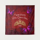 Rode Vlinder, Gouden Tiara Quinceanera Achterdrupp Wandkleed (Voorkant)