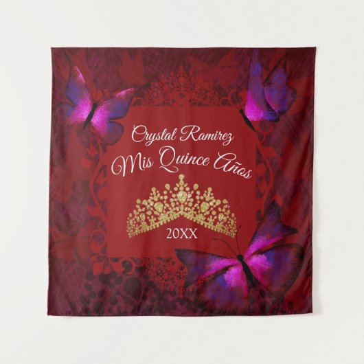 Rode Vlinder, Gouden Tiara Quinceanera Achterdrupp Wandkleed (Voorkant)