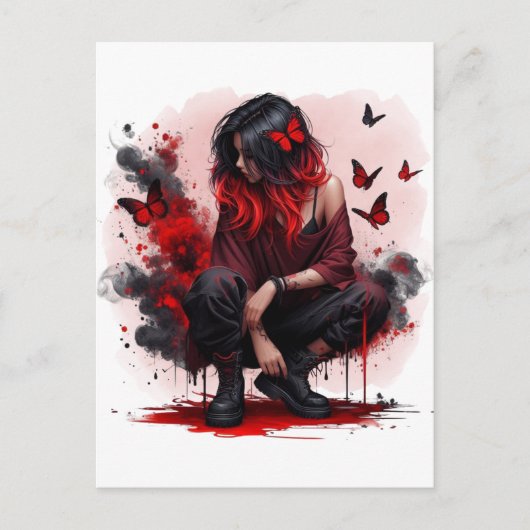 Rode vlinder grunge meisje briefkaart (Voorkant)