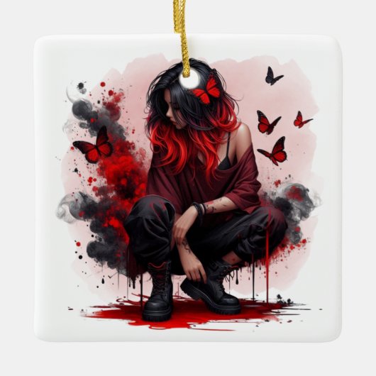 Rode vlinder grunge meisje keramisch ornament (Voorkant)