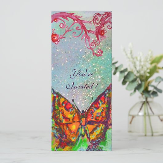 RODE VLINDER IN BLAUW GROEN TEAL GOUD GLINSTERINGE KAART (Staand voorkant)