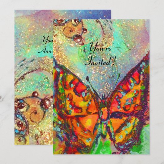 RODE VLINDER IN BLAUW GROEN TEAL GOUD GLINSTERINGE KAART (Voorkant / Achterkant)