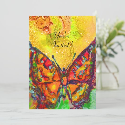 RODE VLINDER IN GEEL BRUIN GOUDEN GLINSTERINGEN KAART (Staand voorkant)