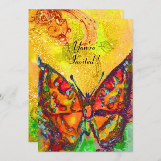 RODE VLINDER IN GEELBRUINE GOUDEN GLINSTERINGEN KAART (Voorkant / Achterkant)