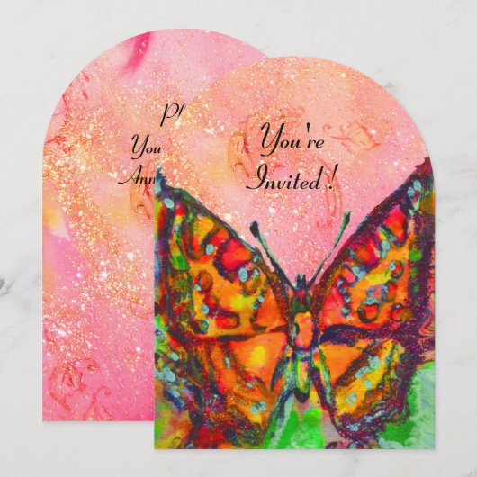 RODE VLINDER IN ROZE FUCHSIA GOUD GLINSTERINGEN KAART (Voorkant / Achterkant)