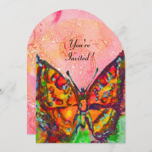 RODE VLINDER IN ROZE FUCHSIA GOUD GLITTERTJE KAART (Voorkant / Achterkant)