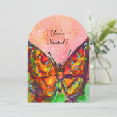 RODE VLINDER IN ROZE FUCHSIA GOUD GLITTERTJE KAART (Staand voorkant)