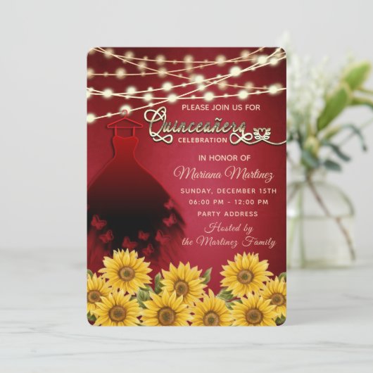 Rode vlinder jurk Zonnebloem String lichten kweepe Kaart (Staand voorkant)