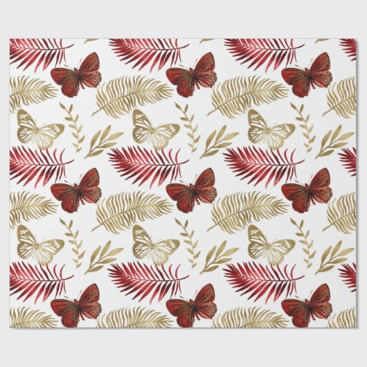 Rode vlinder palmblad bloemig elegant goud wit cadeaupapier (Vlak)