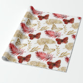 Rode vlinder palmblad bloemig elegant goud wit cadeaupapier (Uitgerold)