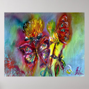 RODE VLINDERS OP GELE DISTELS,BLAUWE LUCHT Bloemri Poster