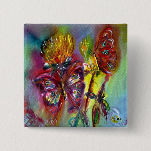 RODE VLINDERS OP GELE DISTELS,BLAUWE LUCHT Bloemri Vierkante Button 5,1 Cm (Voorkant)