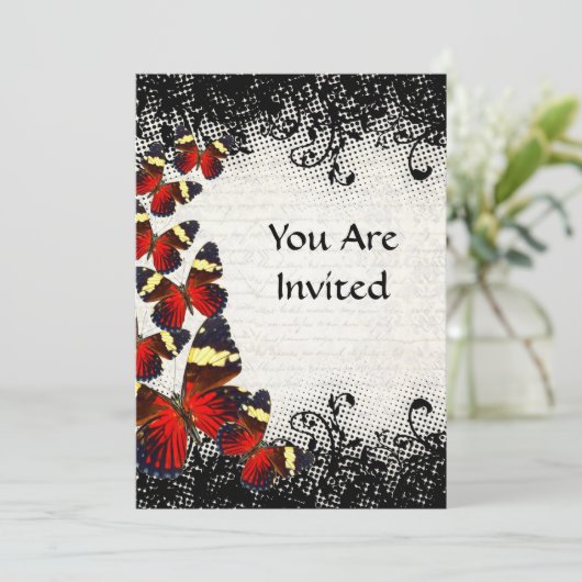 Rode vlinders op zwarte kant kaart (Staand voorkant)