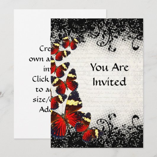 Rode vlinders op zwarte kant kaart (Voorkant / Achterkant)