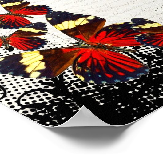 Rode vlinders op zwarte kant poster (Hoek)