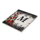 Rode vlinders op zwarte kant tegeltje (Zijkant)