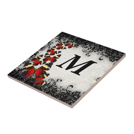 Rode vlinders op zwarte kant tegeltje (Zijkant)