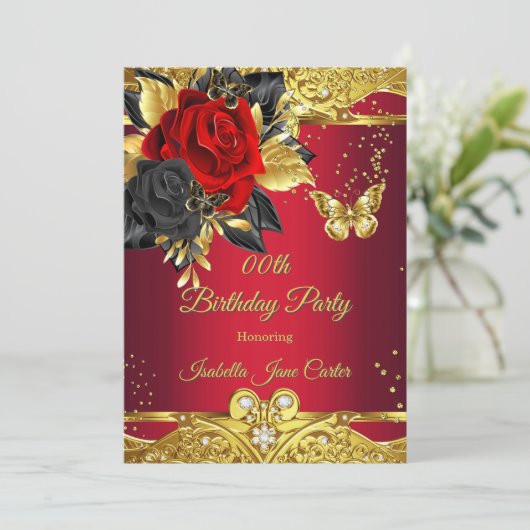 Rode Vlinders Roos Bloemen Goud Verjaardagsfeest Kaart (Staand voorkant)