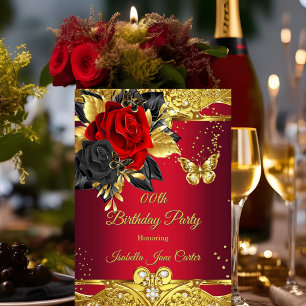 Rode Vlinders Roos Bloemen Goud Verjaardagsfeest Kaart