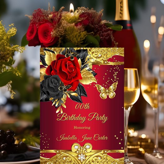 Rode Vlinders Roos Bloemen Goud Verjaardagsfeest Kaart