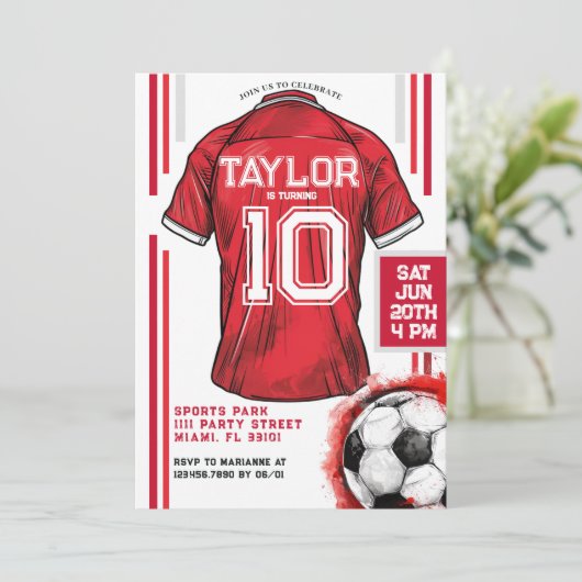 Rode Voetbal Sport Jongen Jersey Kids Verjaardagsf Kaart (Staand voorkant)