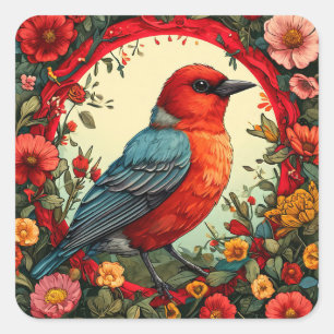 🌸 Rode Vogel Bloemstuk Natuur Tuin Decoratie Vierkante Sticker