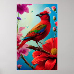 Rode vogel en bloemen poster