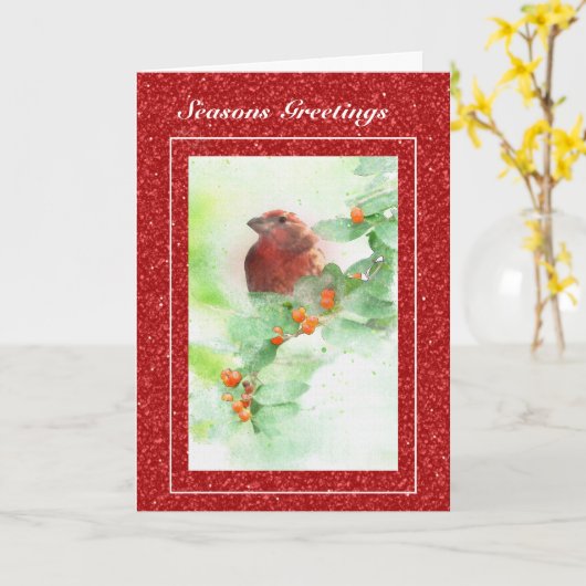 Rode vogel en kerst-Kaart op Berries Kaart (Gele Bloem)