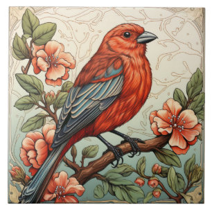 Rode Vogel en Perzikbloesems Art Nouveau Tegeltje
