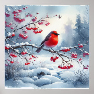 Rode vogel en winterlandschap 2 poster