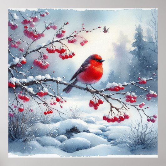Rode vogel en winterlandschap 2 poster (Voorkant)