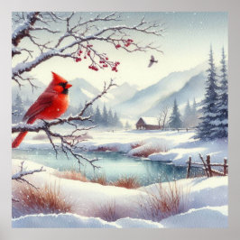 Rode vogel en winterlandschap 3 poster