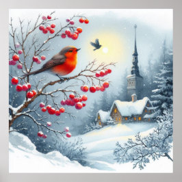 Rode vogel en winterlandschap 4 poster