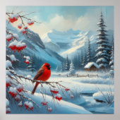 Rode vogel en winterlandschap 7 poster (Voorkant)