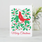 Rode Vogel & Hulst met Bessen Platte Kerstkaart (Staand voorkant)