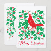 Rode Vogel & Hulst met Bessen Platte Kerstkaart (Voorkant / Achterkant)