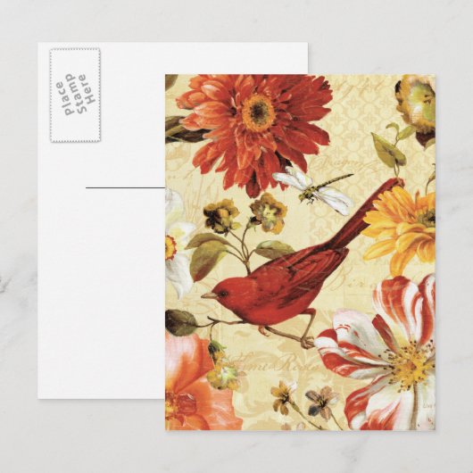 Rode vogel in een bloem briefkaart (Voorkant / Achterkant)