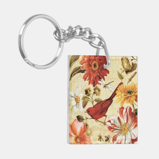 Rode vogel in een bloem sleutelhanger (Voorkant Links)
