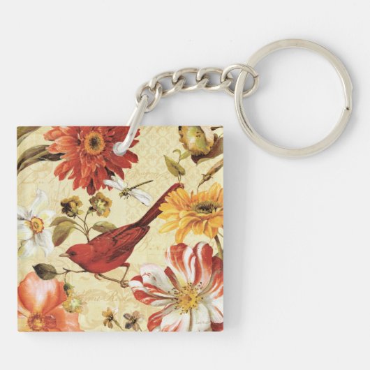 Rode vogel in een bloem sleutelhanger (Achterkant)