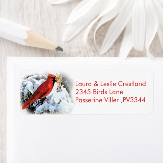 rode vogel in sneeuw etiket (Insitu)