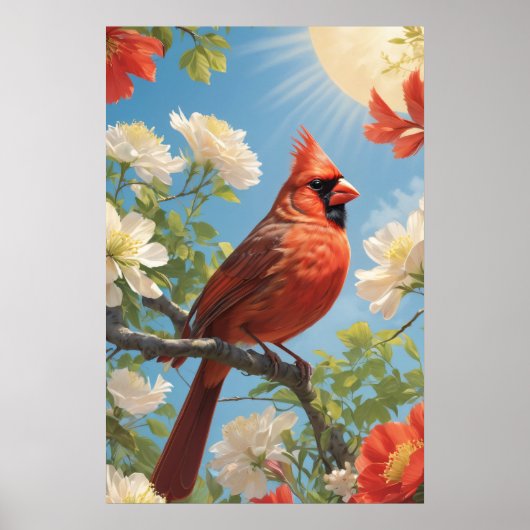 Rode vogel in zonneschijn en bloemen poster (Voorkant)