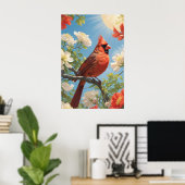 Rode vogel in zonneschijn en bloemen poster (Thuiskantoor)
