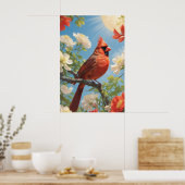 Rode vogel in zonneschijn en bloemen poster (Keuken)